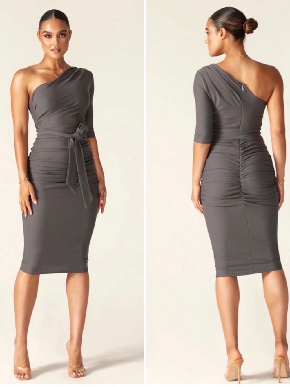 Alieva Womens One Shoulder Ruched Midi Dress Charcoal Gray Size L Bodycon